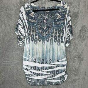 Bleeker & McDougal 1X Top Shirt Blue Paisley Short Sleeve Scoop Neck Ruched